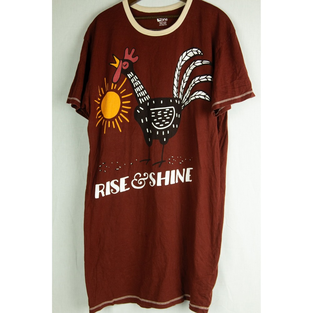 Lazy One Womens Rise & Shine Rooster Graphic Nightshirt Burgundy Cotton One Size - Picture 2 of 10